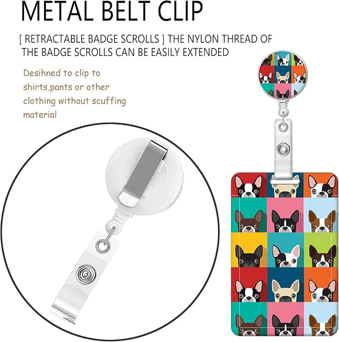 BLOCIT ID Badge Holder with Lanyard - Fashionable ID Card Holders with Retractable Lanyards - Soft Fiber Metal Clip Sturdy Buckle for Key Wallet - Work Nurse Teacher (Cute Fun Boston Terrier Dog)