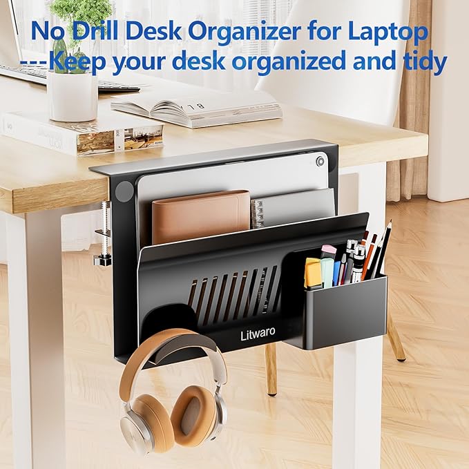 Litwaro Desk Side Storage, No Drill Laptop Holder with Magnetic Pen Holder, Clamp on Laptop Mount with Sticky Headphone Stand, Hanging Organizer for Office, Fits Flat Table Edge 0.4" to 2" (Black)