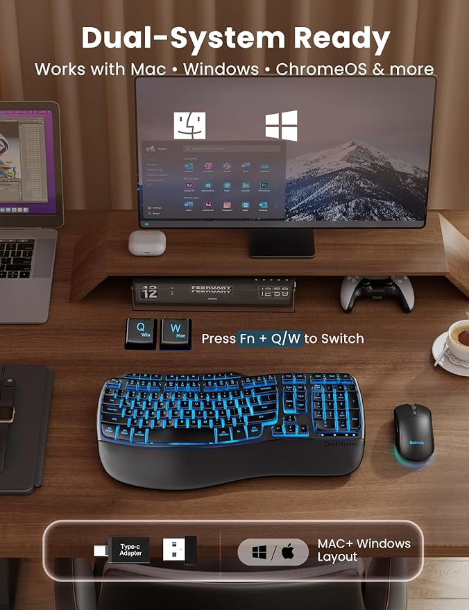 Ergonomic Wireless Keyboard and Mouse Combo, Rechargeable 4000mAh Backlit Keyboard with a Soft, Faux Lambskin Palm Rest, Wave Keys for Natural Typing, Compatible with Windows/Mac/Chromes OS—SABLUTE