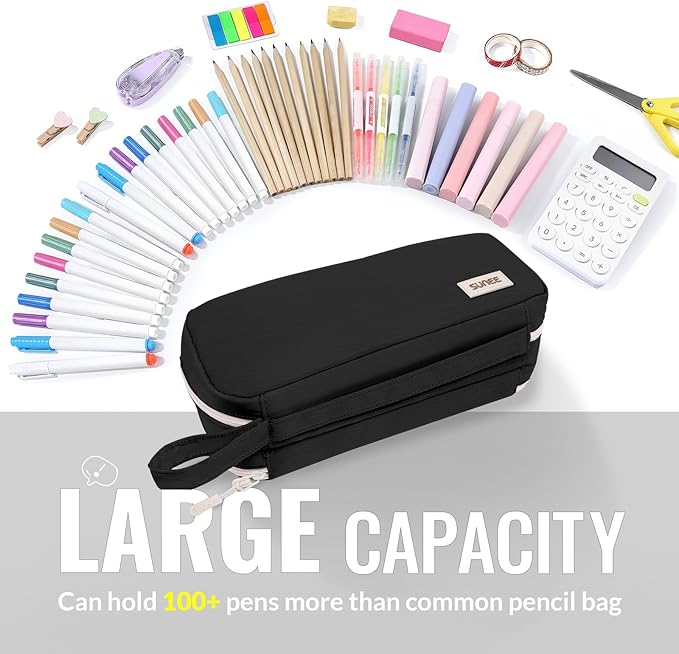 SUNEE Pencil Case, Large Capacity Pencil Pouch, Aesthetic Pen Bag Office Stationery Organizer Simple Sturdy Multifunctional for Teen Girls Women Men, Black