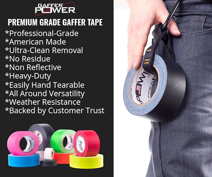 Gaffer Power Proudly Made in The USA, Real Professional Grade Gaffer Tape, Heavy Duty Gaffers Tape, Non-Reflective, Multipurpose. 2 Inches x 30 Yards, Black