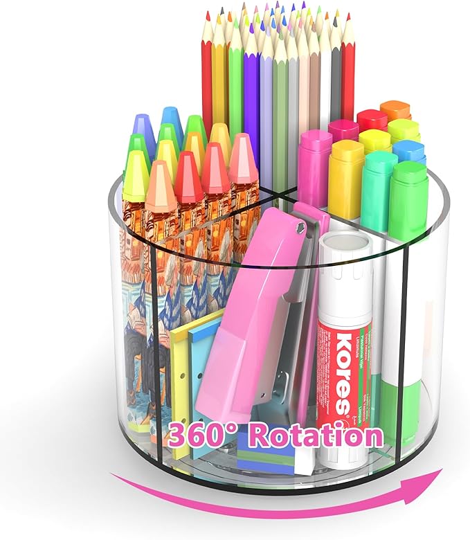 Small Pencil Organizer for Desk Acrylic 4 Compartments, Tiny Rotating Art Supply Organizer Kids, Spinning Round Marker Small Clear Desktop Caddy Swivel Office Pen Pencil Holder