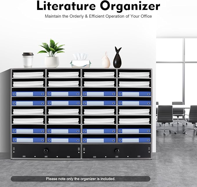 DYRABREST 32 Slot Literature Organizer Adjustable Desktop File Sorter with 2 Drawers, Stackable Office Mail Sorter 32 Compartments Magazine Holder Paper Storage Cabinet for Office Home School