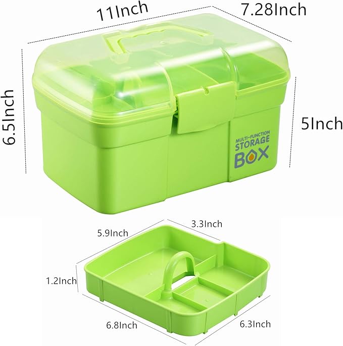 11'' Plastic Storage Box with Removable Tray, Multipurpose Organizer and Storage Case for Art Craft and Cosmetic (Green)