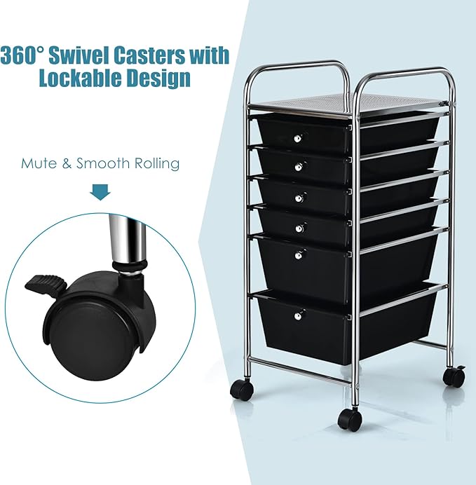 Happygrill 6-Drawer Organizer Cart Tools, Mobile Utility Storage Cart with Removable Drawers & Lockable Wheels, Rolling Storage Cart with Wheels for Home Office,Black