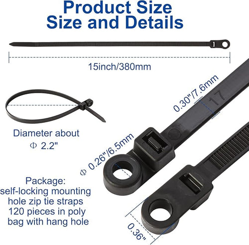 120 PCS 15 Inch Plastic Zip Ties with Screw Holes, Heavy Duty Mountable Cable Ties, UV Resistant Electrical Zip Ties for Indoor & Outdoor (Black)