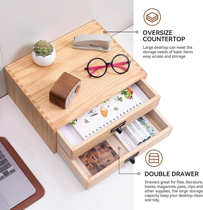 Kirigen Natural Wood Desktop Storage Cabinet -Shallow Type Drawers - Fax Stand with metal handle - Small File organizer Size 13.78"L*10.6"W*5.9"H(NA, 2-Layer &2 Drawers)