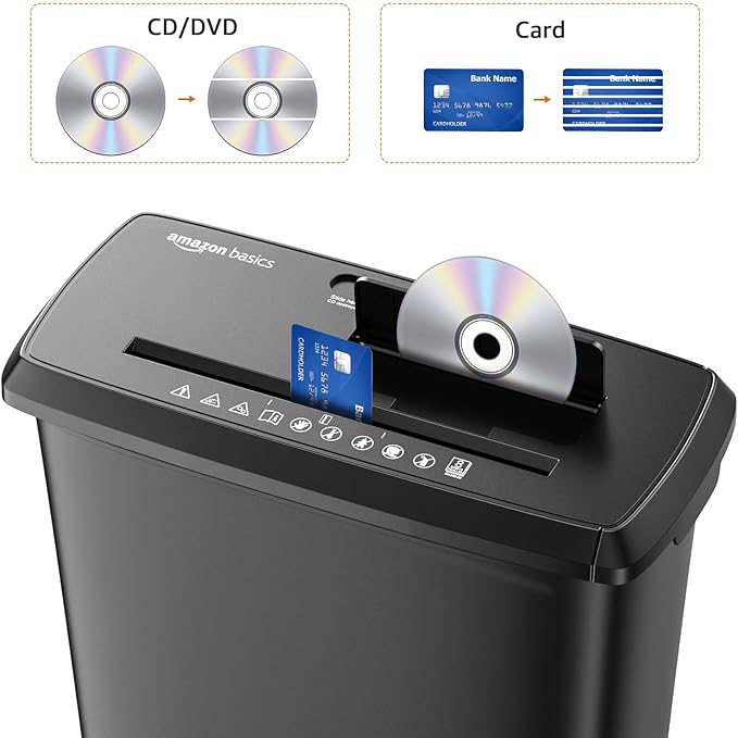Amazon Basics Paper Shredder for Home and Office, 8-Sheet Strip Cut, CD/ Credit Card Shredder, 3.4 Gallon Wastebasket , Black