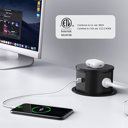 ANNQUAN 20 Amp Pop Up Countertop Outlet with 15W Wireless Charger,Max 65W Power Delivery,4.75" Pop Up Electrical Outlet with 3 Outlets 3 USB Ports for Home Office
