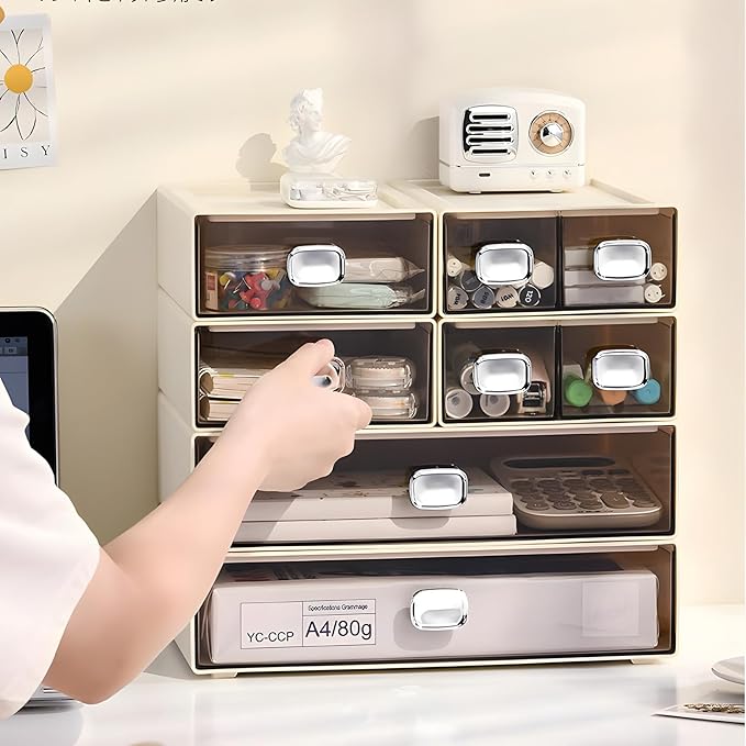 Spacious Desk Drawers, Stackable Desktop Organizer, Plastic Storage Box for Office, School & Home Supplies (1 Middle & 2 Small Drawers, Cream)