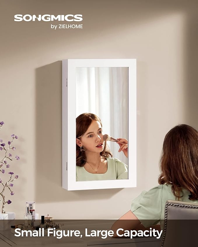 SONGMICS Lockable Jewelry Cabinet Armoire with Mirror, Wall-Mounted Space Saving Jewelry Storage Organizer, White UJJC51WT
