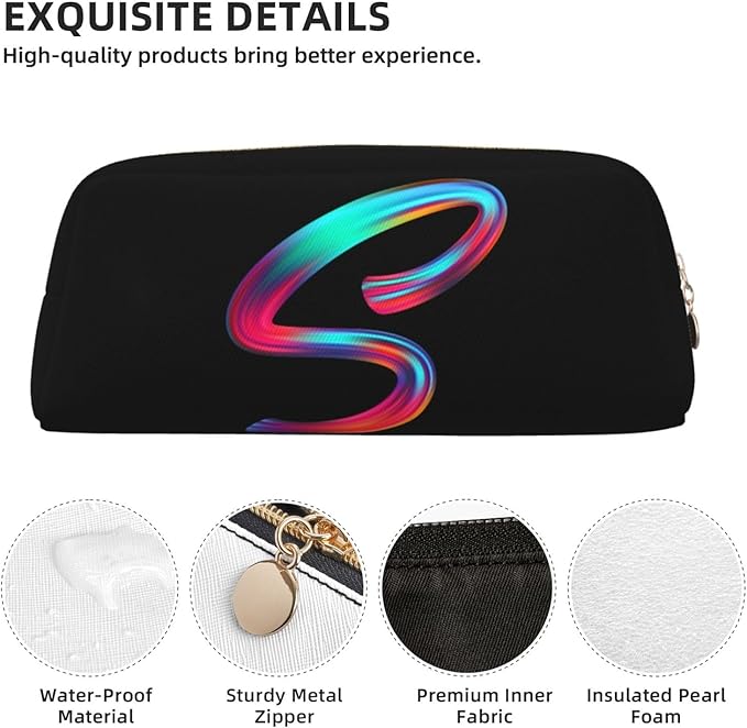 Cute Initial Pencil Case for Kids Simple Leather Pencil Pouch for Boys Girls Letter Design Pencil Box Pen Bag Pencil Pouch Office Stationery Organizer, Rainbow Letter S