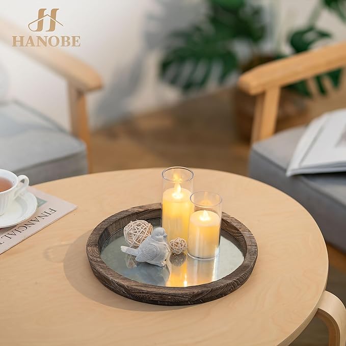 Hanobe Candle Plate Holder Tray: Round Wooden Decorative Mirror Candle Plate Small Farmhouse Table Centerpiece Rustic Tealight Pillar Trays for Christmas Wedding Halloween Home Decor