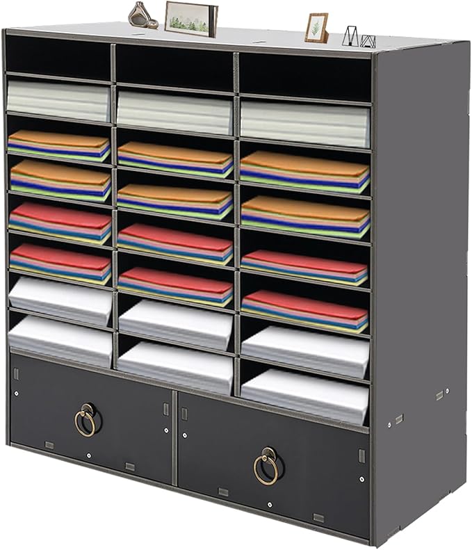 DYRABREST 24 Compartments Literature Organizer with 2 Drawers, Adjustable Desktop File Sorter Mail Center Paper Storage Cabinet with Adjustable Shelves for Home Office