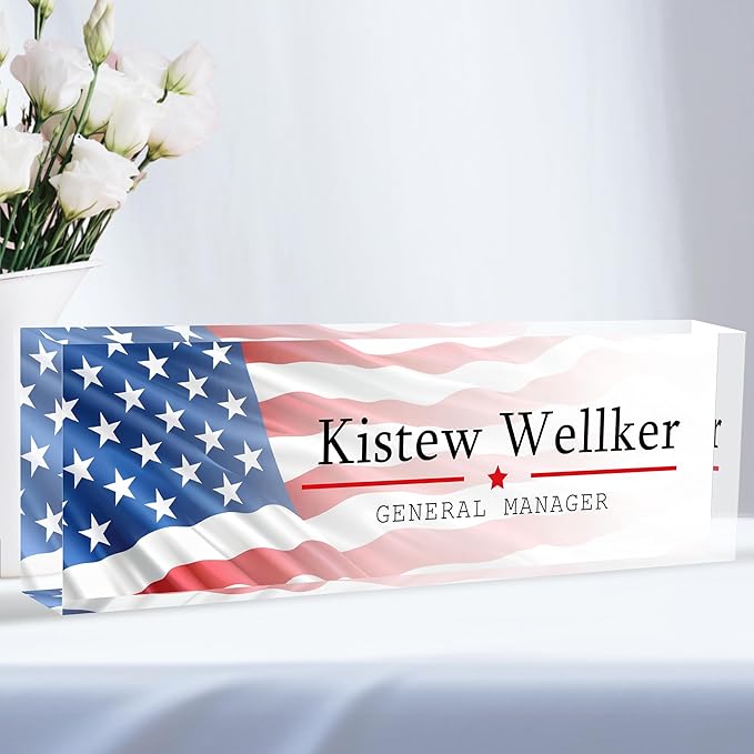 Custom Desk Name Plate Personalized, Acrylic Name Plates for Desk, Office Decor Personalized Gifts for Teacher Coworkers Boss Nurse American Flag 2