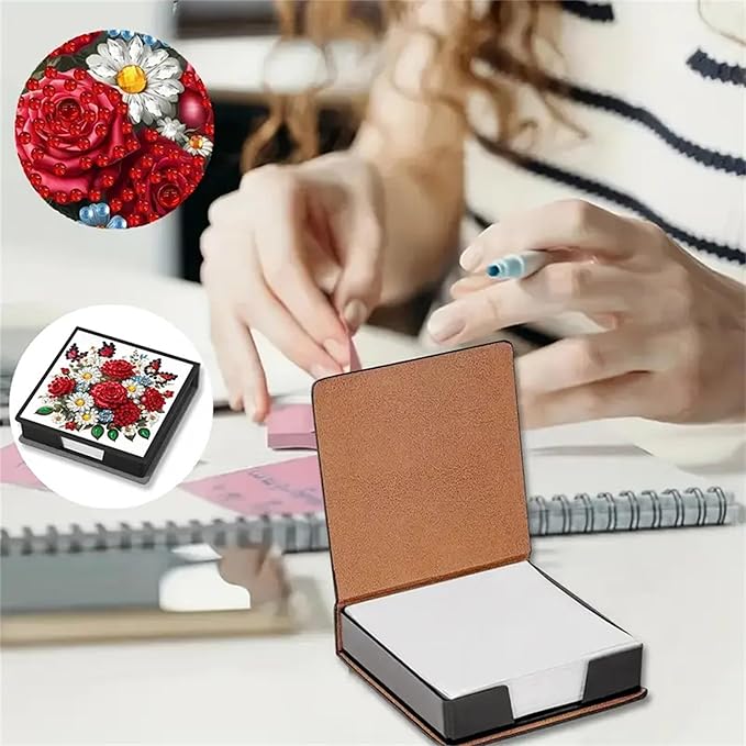 Rose Diamond Painting Kit Note Box,Memo Paper Storage Box Diamonds Art,Sticky Note Holder Diamond Art,Diamond Painting Memo Pad for Office Desk. (Rose)
