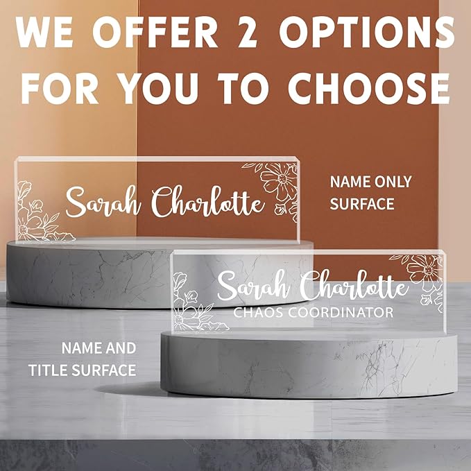 Custom Name Plate for Desk, Personalized Desk Name Plate on Clear Acrylic Glass, Appreciation Gifts for Teacher Employee Boss Coworkers Nurse, Office Desk Accessories for Women Men (Engraved Bloom)