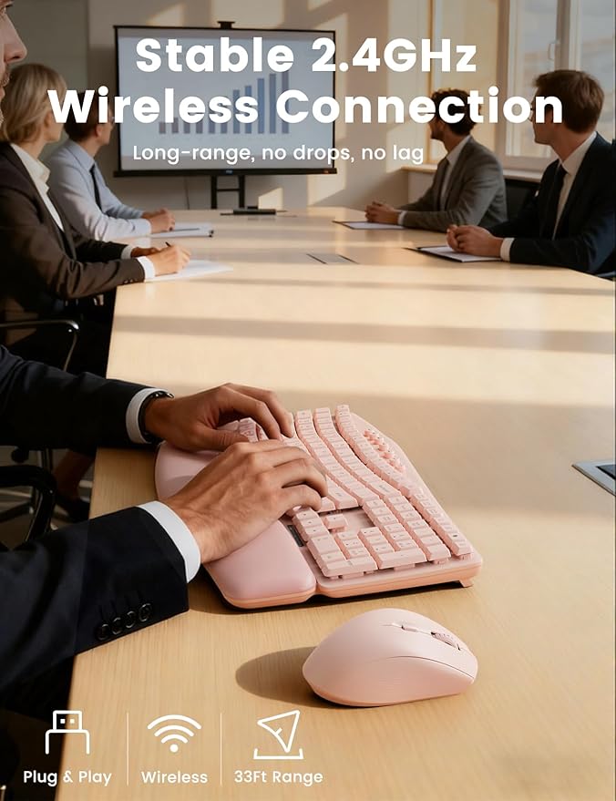 Pink Quiet Wireless Keyboard and Mouse Combo, 2.4G Ergonomic Wave Key Board with Cushioned Plam Rest, Full-Size Soft Typing Keyboards, 3 DPI Adjustable Silent Mouse for Computer/Laptop/Windows/Mac