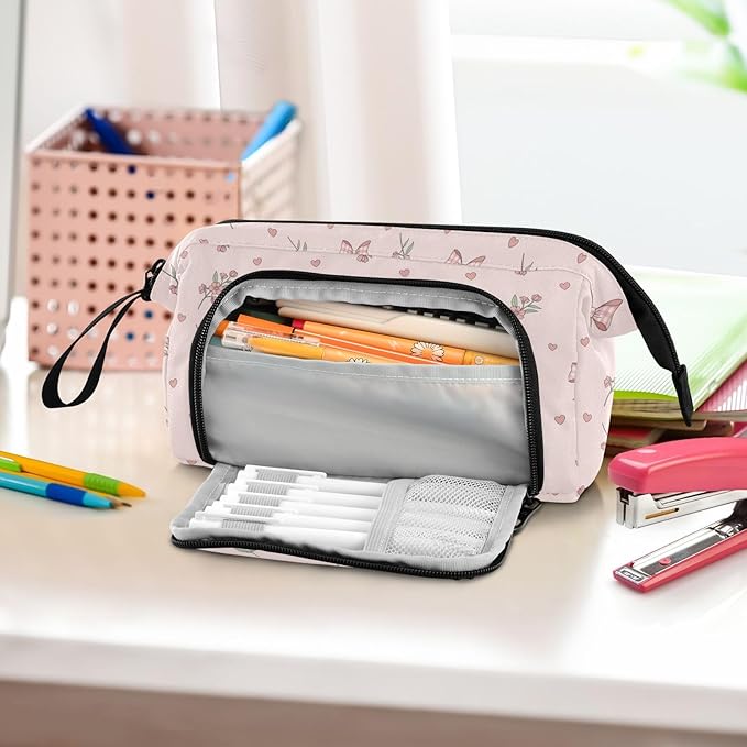 Pink Ribbon Bow Flower Pencil Case Pouch Big Capacity Pencil Bag Box Organizer Pen Case with Zipper Pencil Cases for Girls School College