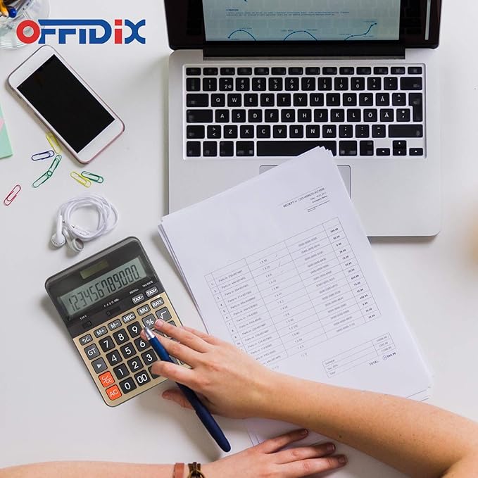 OFFIDIX Desktop Calculator with Large 12 Digit LCD Display, Solar Battery Dual Power, Perfect for Office, Home, School