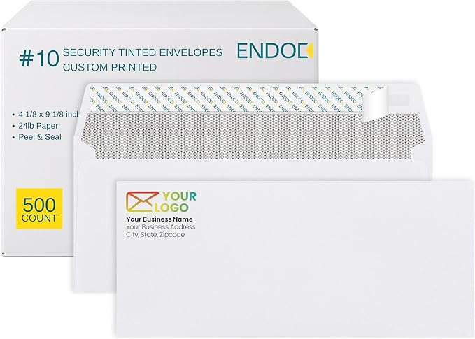 500#10 Custom Printed Envelopes Self Seal, Security Tinted, #10 Custom Business Envelopes with Logo and Text, Peel and Seal Closure, Personalized Envelopes, White 24 lb Paper, 4 1/8 x 9 1/2 Inch