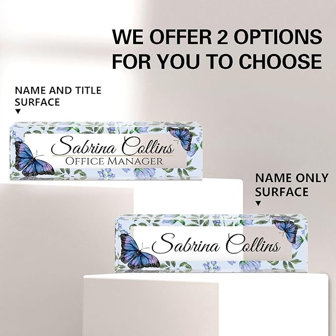 Name Plate for Desk, Desk Name Plate Personalized, Office Decor for Women Men, Acrylic Desktop Accessories, Office Appreciation Gifts for Boss Social Workers Nurse Teacher Employee (Blue Butterfly)