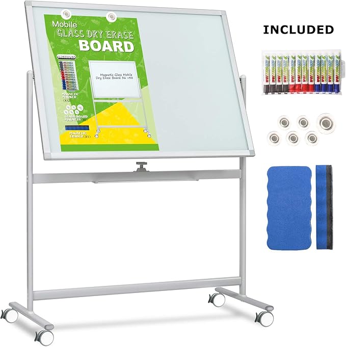 Mobile Glass Whiteboard, Magnetic Double-Sided Easel Style Glass Dry Erase White Board with Wheels - 48 x 36 Large Rolling Board Planner with Stand for Office, Classroom, School, Home.