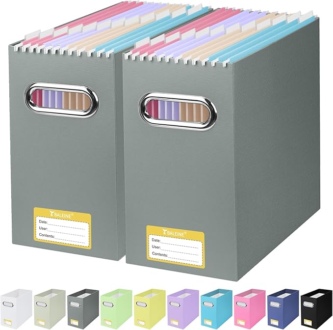 BALEINE File Organizer Box, Cardboard File Folder Organizer with Handle for Letter Size, Portable Collapsible Hanging Filing Box for Home Office Document Storage (2 Pack, Grey)