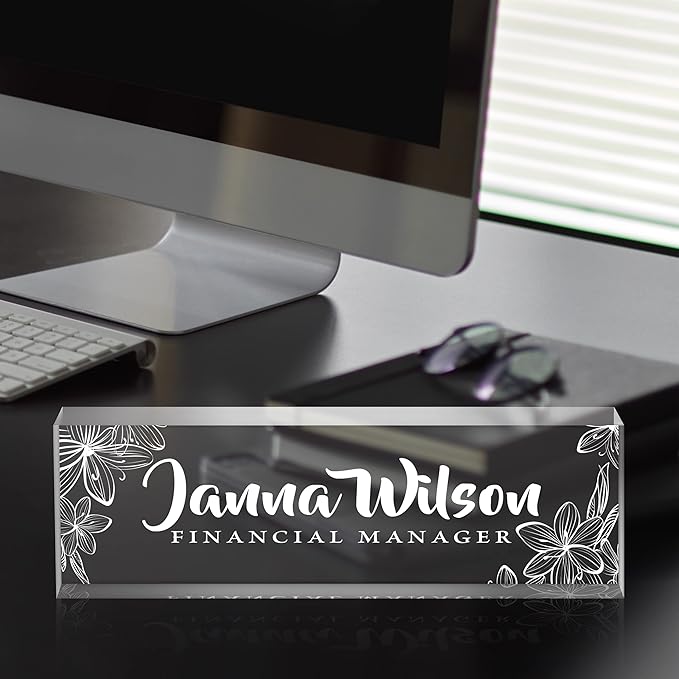 Name Plate for Desk, Premium Clear Plates Engraved Acrylic Desk Name Plate, Desk Name Plate Personalized, Custom Office Decor for Women or Men Coworkers, Boss, Employee, Teacher (Engraved 1)