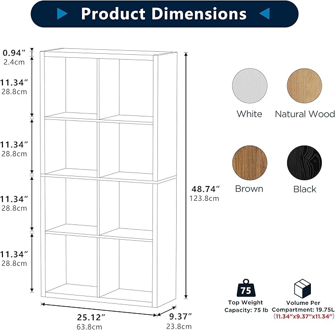 8 Cube Storage Organizer, Cube Shelf with Heavy-Duty Thick Boards, 25.12" L x 9.37" W x 48.74" H, Smooth Easy-Clean Panels, Simple Assembly, for Living Room Bedroom Office, Natural-Oak