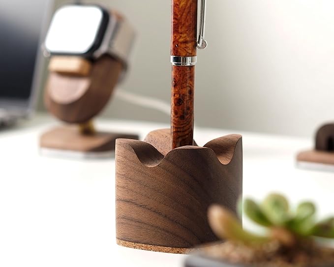 Wood Pen Holder– Handmade Walnut Desk Organizer, Minimalist Pen Holder for Office, Home, Gift (MODEL-1-WALNUT)