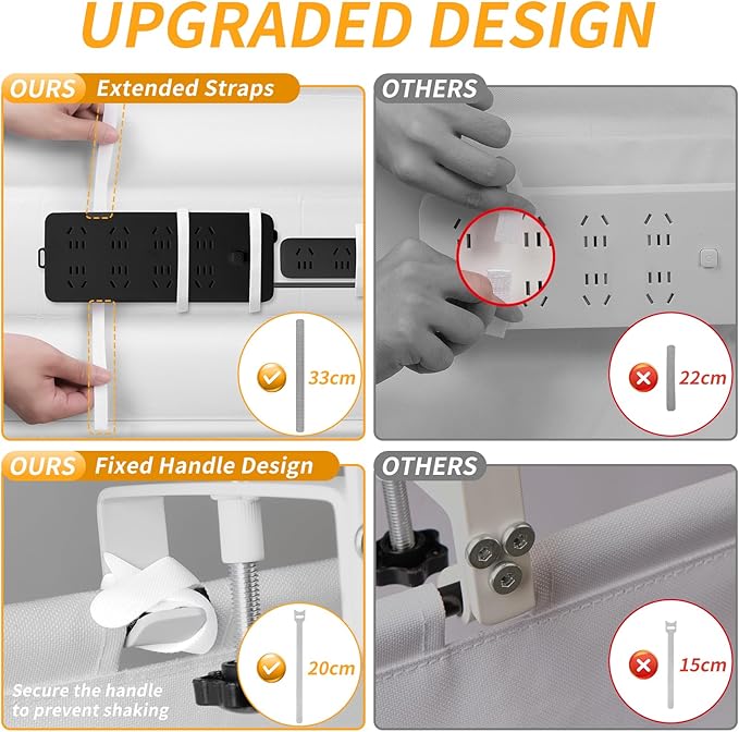 Under Desk Cable Management Tray, No Drill Desk Cord Organizer with Clamp, 36" Fabric Cable Management for Standing Desk Office & Home, White