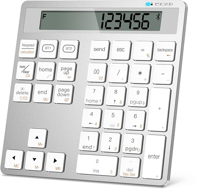 Rechargeable Wireless Number Pad for Laptop, 34 Keys Numeric Keypad with Dual Bluetooth & Display, 2-in-1 Numpad and Calculator, Slim Portable Number Pad Keyboard for Windows, Mac, PC, Tablet