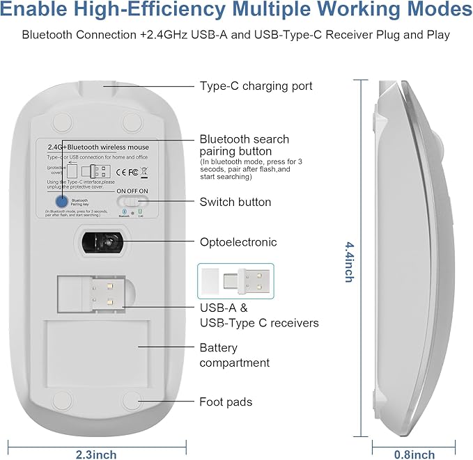 Mouse for Laptop Wireless Bluetooth - MacBook Air Mac Pro PC iPad Optical Rechargeable Silent Mouse with Jiggler Dual Mode Switch Bluetooth 5.2/3.0 and 2.4GHz USB-A and Type-C Receiver Silvery