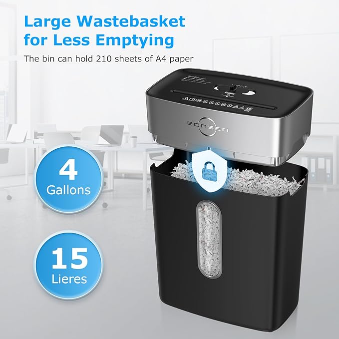 BONSEN Paper Shredder for Home Office, 4 Gallons Bin, 10-Sheet Cross-Cut Shredder, P-4 High Security Level, Quiet Credit Card Shredder with Jam Proof System (S3201)