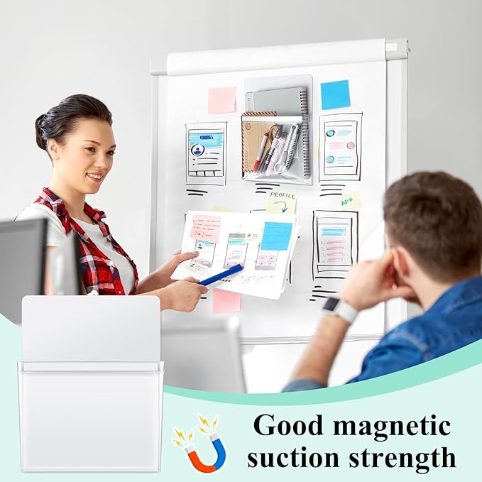 Henoyso 5 Pcs Magnetic File Holder Paper Holder Magnetic Pen Dry Erase Marker Organizer Fridge Pocket Organizer for Whiteboard Refrigerator, 12 x 9.5 in (White)