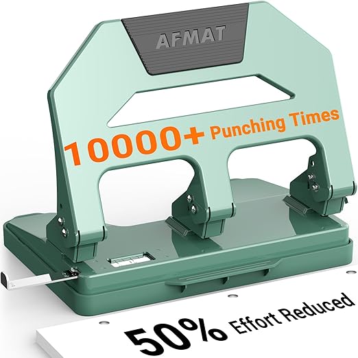 AFMAT Heavy Duty 3 Hole Puncher, 40-Sheet Three Hole Punch Heavy Duty, 50% Reduced Effort Paper Punch, 10K+ Uses, Metal Hole Puncher 3 Ring w/Large Tray, Bulit-in S.S. Paper Guide HPX2(Green)