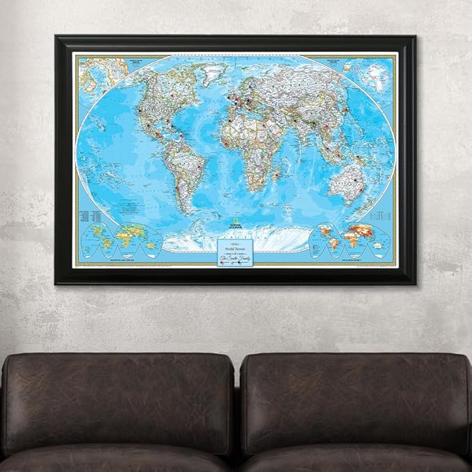Canvas Classic World Map Pin Board – Framed Travel Map with Pins for Wall – Personalized Push Pin World Map for Tracking Journeys – 27.5" x 39.5" Black Frame