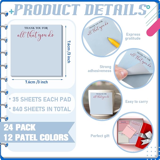 Yinder 24 Pcs Employee Appreciation Sticky Notes New Year Gift Bulk Motivation Sticky Note Pads Inspirational Gift for Teacher Nurse Staff Coworker Office Supply 3 x 3'' (Appreciation,Artistic)