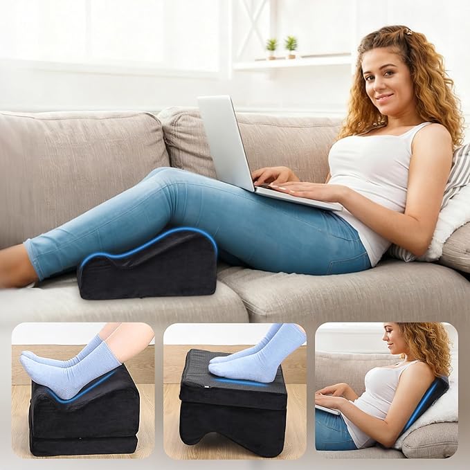 Foot Rest for Under Desk at Work, Foot Mat with Cover for Office Home Chair Sofa, Comfortable Footrest with Adjustable Height, High-Density Foam Leg Elevation Pillow to Relieve Back/Knee Stress, Black
