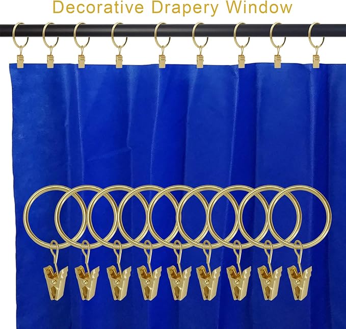 LLPJS 100 Pack Curtain Rings with Clips, Curtain Clip Rings Hooks, Bow Hanger Clips for Hanging Drapery Drapes Bows, Ring 1.26 inch Interior Diameter, Fits up to 1" Rod, Gold