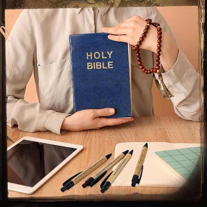 Cholemy 100 Pcs Christian Bible Verse Ink Pens Bamboo Christian Pens Bulk Wooden Inspirational Ballpoint Religious Gifts for Women Colleague Pastor Wife Church(Black)