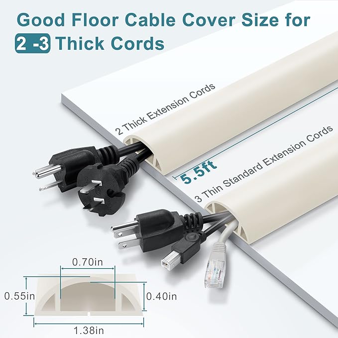 5.5FT Floor Cord Cover, Beige Soft Cable Cover Floor, Large Size Extension Cord Covers for Floor, Power Cord Protector Floor Wire Cover - Cord Channel Diameter: 0.7" (W) x 0.4" (H)