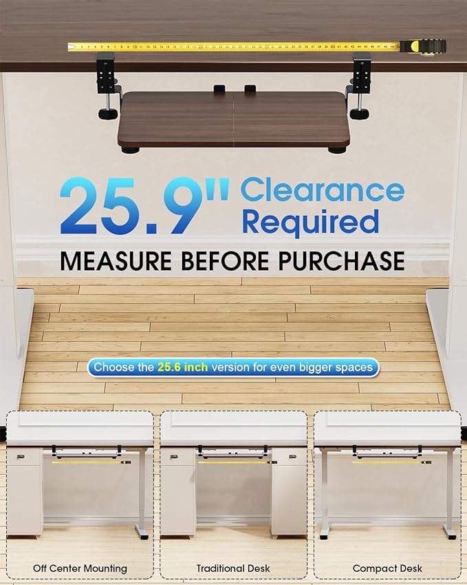 Small Keyboard Tray Under Desk, Pull Out Keyboard & Mouse Tray with Adjustable C-clamp, 20(25.9 Including Clamps) x 11.8 Inch Slide Out Computer Keyboard Drawer Mouse Tray for Typing, Walnut