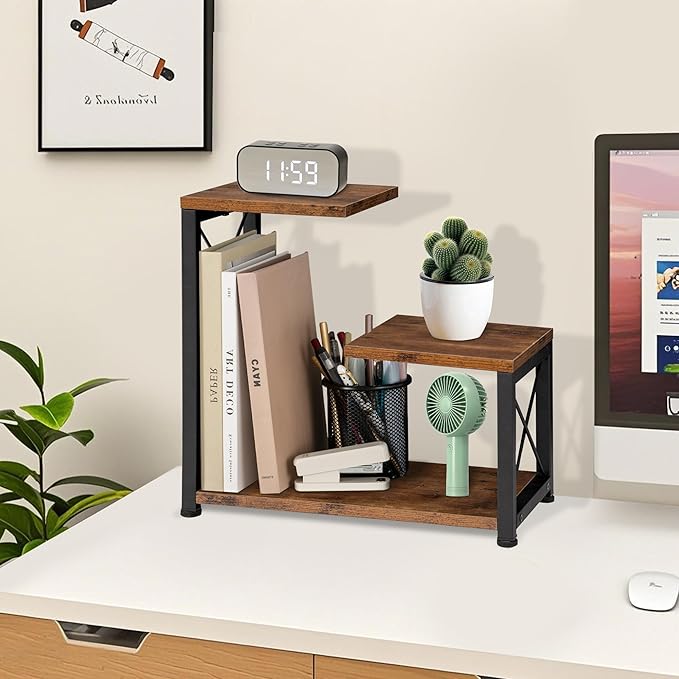 Desk Shelf Organizer, 3 Tier Storage Shelf Riser Display Stand, Wood Desktop Organizer Small Bookshelf, Desktop Shelf for Office Decor and Desk Accessories,Rustic Brown Black