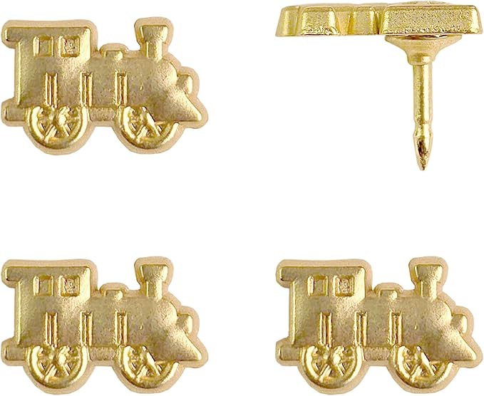 Train Push Pins - Gold Metal Train Pins - for Cork Board, Maps, or Lapel Pin Use - Designed in USA - Set of 4