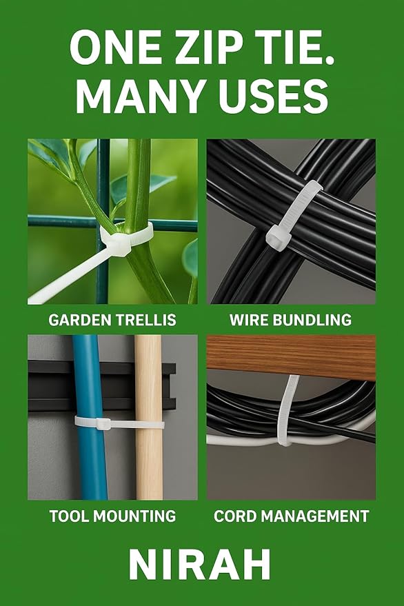 10-inch Zip Ties Clear White (100 Pack), 40 lb Tensile Strength, Self-Locking, UV Resistant Nylon Cable Ties, Wire Ties for Cable Management, Gardening, Wreaths, Office, Craft & Indoor Use by Nirah