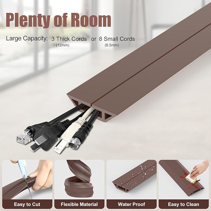 Eapele 6.5 ft Floor Cord Cover Heavy Duty Cable Protector, Cord Covers for Wires on Floor, Floor Cable Cover Easy to Unroll Prevent Trip Hazard for Home Office or Outdoor Settings (Brown)