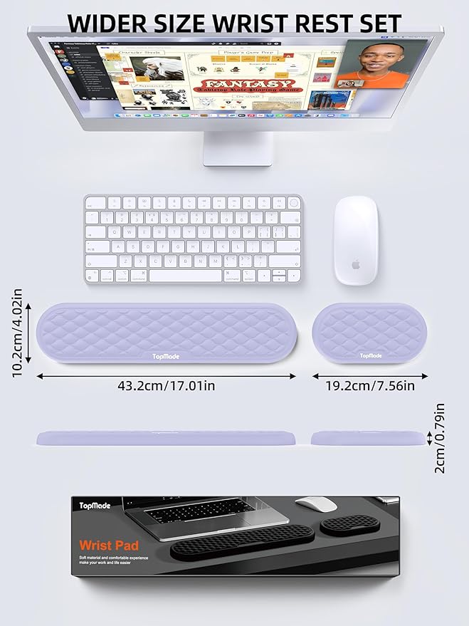 TopMade Upgraded Wider Wrist Rest Set, Soft Memory Foam Keyboard Hand Rest Pad, Computer Ergonomic Keyboard Mouse Wrist Support for Typing Pain Relief, Comfort for Office, Gaming, Study, Purple