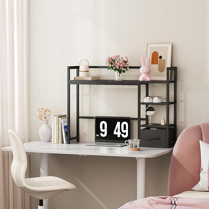 Marbrasse Desk Shelf with Drawer, 40" Desk Hutch for Computer Monitor, Desk Shelf for top of Desk, Wooden Desktop Bookshelf Storage Rack for Home Office Dorm - Black